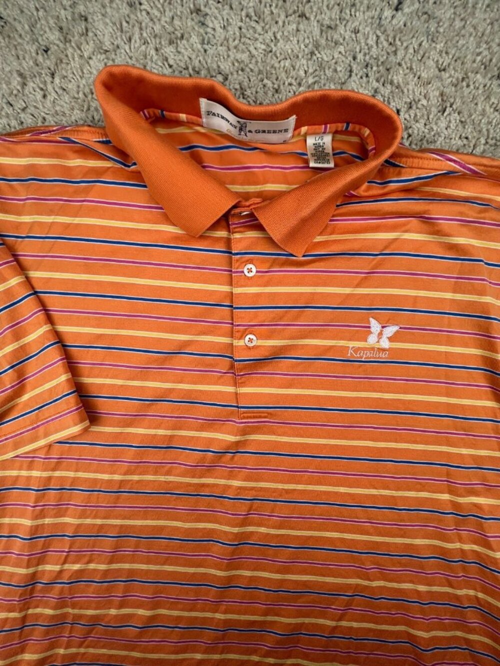 Kapalua Maui Hawaii Polo Golf Club Shirt Striped Men's Orange Blue Large Cotton